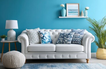 Minimalist living room with a blue wall, a white sofa and side table, and a gray picture frame on the wall