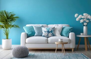 Minimalist living room with a blue wall, a white sofa and side table, and a gray picture frame on the wall