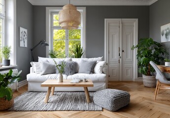 A bright Scandinavian-style interior with light gray walls, white wooden flooring, and a cozy sofa in the center of an open-plan living room