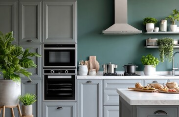 A kitchen with light gray cabinets, green walls, and a white countertop. There is an oven on the right side of one cabinet door