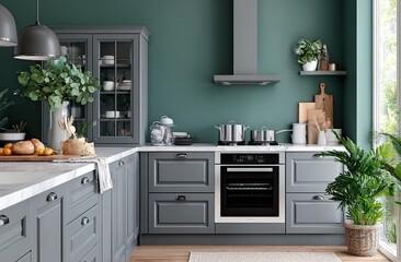 A kitchen with light gray cabinets, green walls, and a white countertop. There is an oven on the right side of one cabinet door
