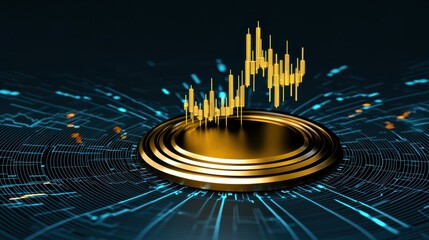 Golden Platform with Candlestick Chart and Digital Network Background