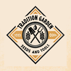 Monochrome vintage-style vector of traditional gardening tools and seeds, rustic farm theme