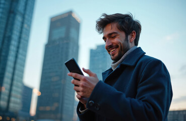 Young man uses smartphone in city at twilight. Male businessman reads message, browses internet, smiles. Modern technology, communication, network concept, successful entrepreneurship.
