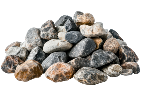 Pile of assorted rock stones on a white background showcasing natural textures and colors for decorative or landscaping use
