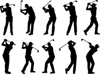 A set of 10 black golf player silhouettes in various dynamic poses, showcasing different swings, stances, and movements, isolated on white background