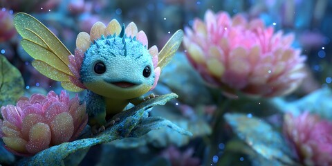 Fantasy Creature in Vibrant Floral Setting Artistic Render