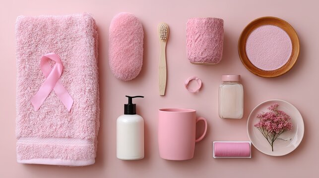 Pink Ribbon on Towel for Breast Cancer Awareness - Powered by Adobe