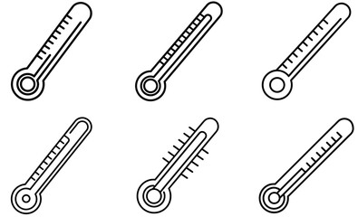 Collection of Line Art Thermometer Icons Showing Varying Temperatures, Isolated on White Background