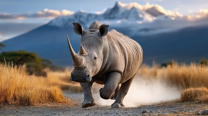 Fototapeta premium White rhinoceros running in grassland