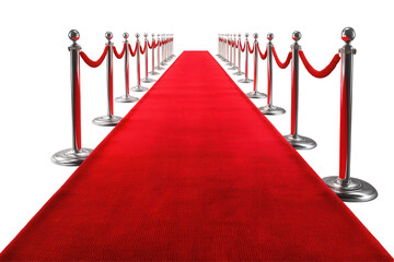Elegant red carpet with velvet texture and stanchions for prestigious events, perfect for award ceremonies and gala evenings, adorned with ropes to enhance the glamorous atmosphere