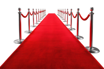 Elegant red carpet with velvet texture and stanchions for prestigious events, perfect for award ceremonies and gala evenings, adorned with ropes to enhance the glamorous atmosphere