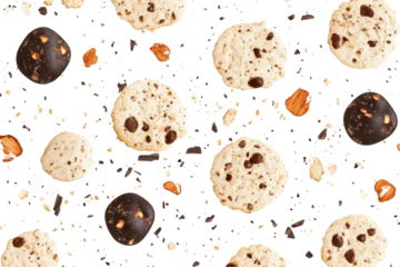 Seamless pattern design featuring oatmeal cookies with chocolate and nuts on a light background for creative culinary projects and baking themes