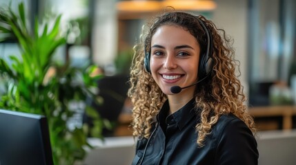 Smiling Customer Service Representative in Modern Office Environment