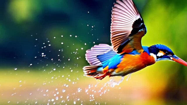 Kingfisher taking flight from water, wings spread, splashing water, blurred green background. bird on a branch