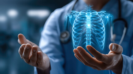 A doctor carefully examines a virtual x-ray projection with focused attention. The integration of advanced technology in medical diagnostics. Generative AI.