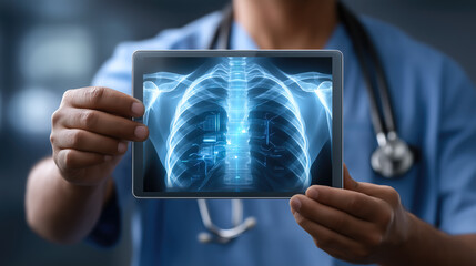 A doctor carefully examines a virtual x-ray projection with focused attention. The integration of advanced technology in medical diagnostics. Generative AI.