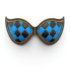 Harlequin Eye Mask Black and Blue Diamond Pattern with Gold Frame