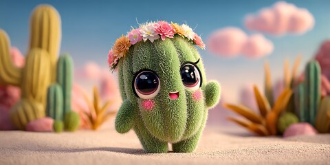 Cute Cactus Character in Desert Setting A Whimsical 3D Render