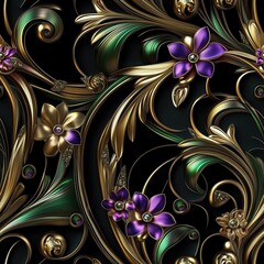 Seamless 3D ornamental pattern with radiant gold scrolls, shimmering green foliage, and vibrant purple flowers accented with jewels, creating a rich and elegant design.