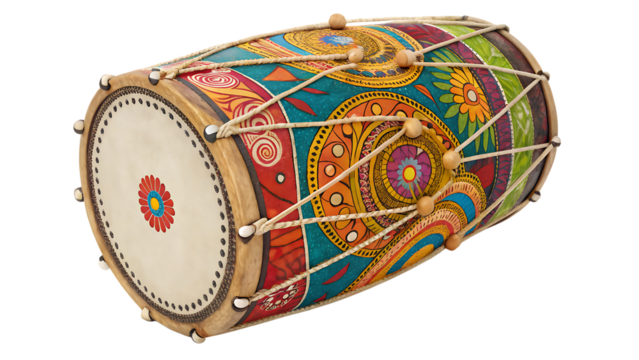 decorated indian dhol drum isolated on white background PNG. AI GENERATED - Powered by Adobe