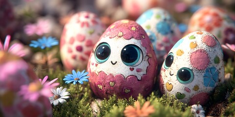 Easter Egg Hunt Festive Decorated Eggs in Spring Flowers