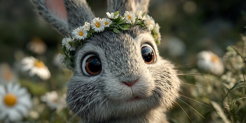 Charming Bunny Rabbit CloseUp of a Majestic Creature in a Daisy Crown