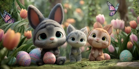 Charming Easter Bunny and Kittens in a Spring Garden