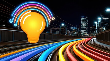 Illuminated Lightbulb and Rainbow Arc Over Colorful Train Tracks at Night