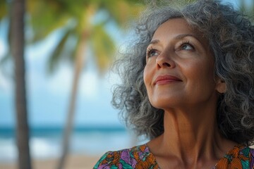 Mature woman looking upwards at beach