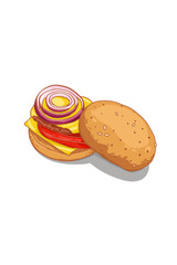 Burger meat melted mozzarella cheese tomato onion and Bun street food