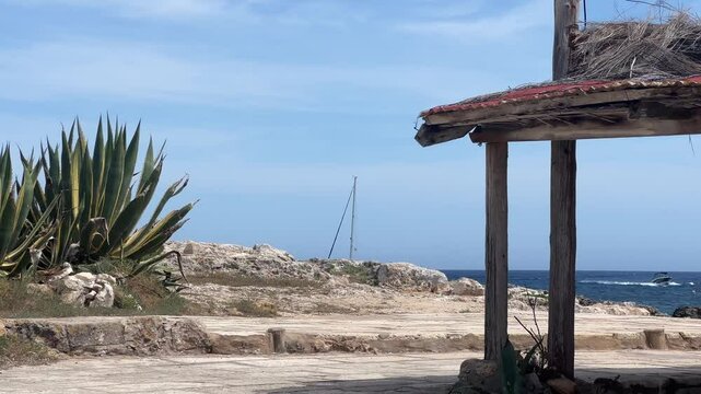 A peaceful coastal scene in Binibeca with an agave plant in the foreground, a traditional wooden structure, and a distant sailboat on the clear blue sea under a sunny sky.