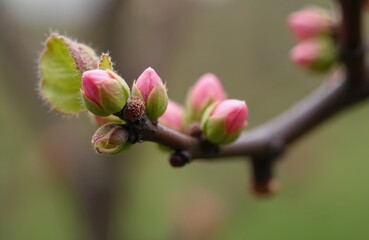 Closeup of apple tree flower buds. Pink, green color. Springtime orchard floral theme. Blossoming stage, plant growth details on the tree branch. Botanical macro photo.