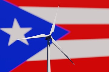 Wind turbine on a background of blurred flag of Puerto Rico. Wind power concept, selective focus
