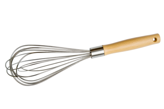 Steel whisk with wooden handle freshly cleaned and ready for use in the kitchen, demonstrating the importance of proper kitchen tools for cooking and baking