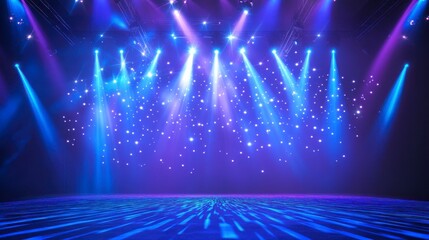 Blue and purple stage lighting with spotlights and sparkles on dark background.