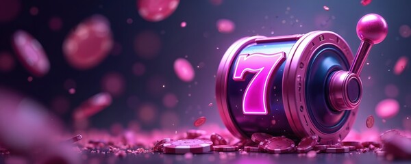 Purple slot machine with number seven, poker chips, casino symbols. Illustration depicts fortune, chance, gambling, risk, success, wealth, win, fun, gaming. Casino games, betting industry.