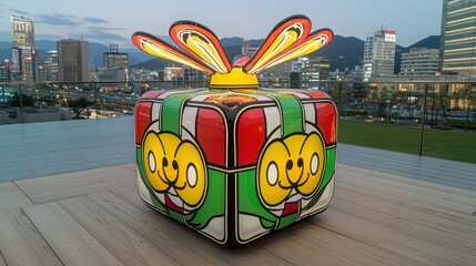 Illuminated Pixel Art Gift Box Sculpture in City at Dusk