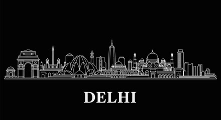 Obraz premium Delhi Skyline India White Outline Black.