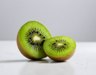 A sliced kiwi fruit showing green flesh and tiny black seeds, close-up photo, minimal white setup