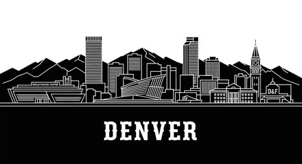 Obraz premium Denver Skyline Vector with Colorado, Mountains, and Cityscape.