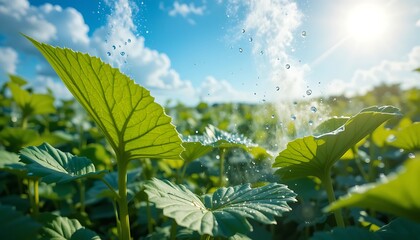 Refreshing Hydration: Lush Green Plants Under a Bright Sunny Sky