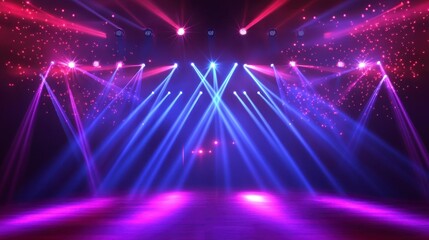 Stage with vibrant blue and pink lighting effects, creating a dramatic and energetic atmosphere.