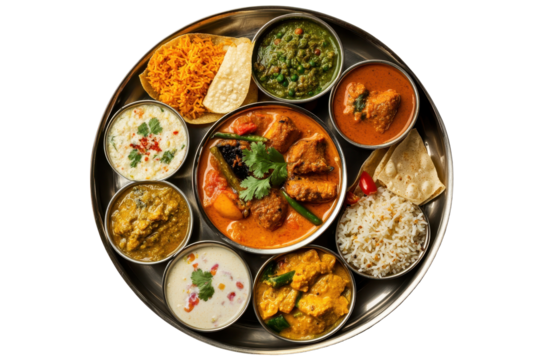 Delicious traditional Indian thali with variety of curries, rice, and bread served for a festive meal
