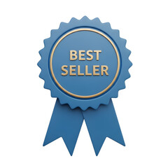 Best Seller Blue Ribbon Icon - Gold Text Award Seal, Top Product Guarantee Badge, Isolated on Transparent Background PNG