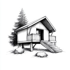 Ink Drawing of an Elevated Cabin with a Pitched Roof