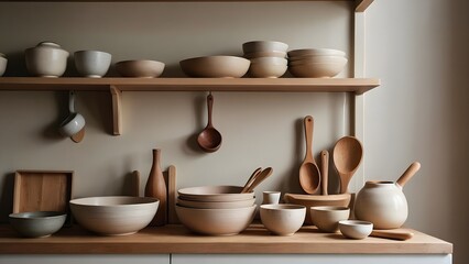 Scandinavian Kitchen Shelf with Ceramic Bowls and Wooden Utensils in Soft Beige Tones Under Natural Light