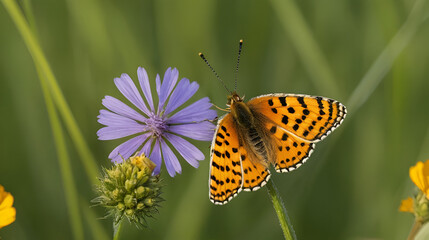 Obraz premium una farfalla melitaea al tramonto su un fiore
