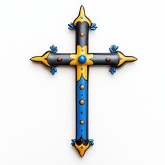 Intricate Blue Gold Black Decorative Cross on White Background