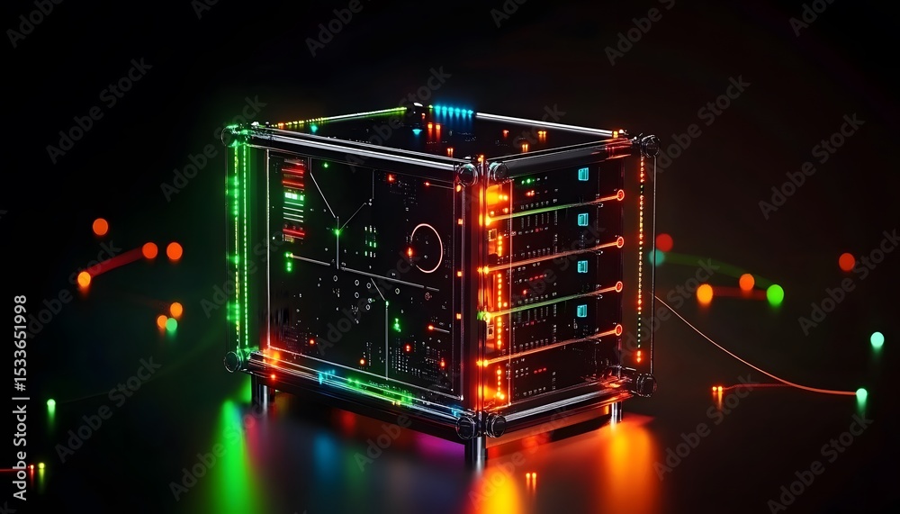 Wall mural futuristic illuminated server box with glowing circuits.